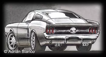 Boceto de un Mustang con marcadores grises